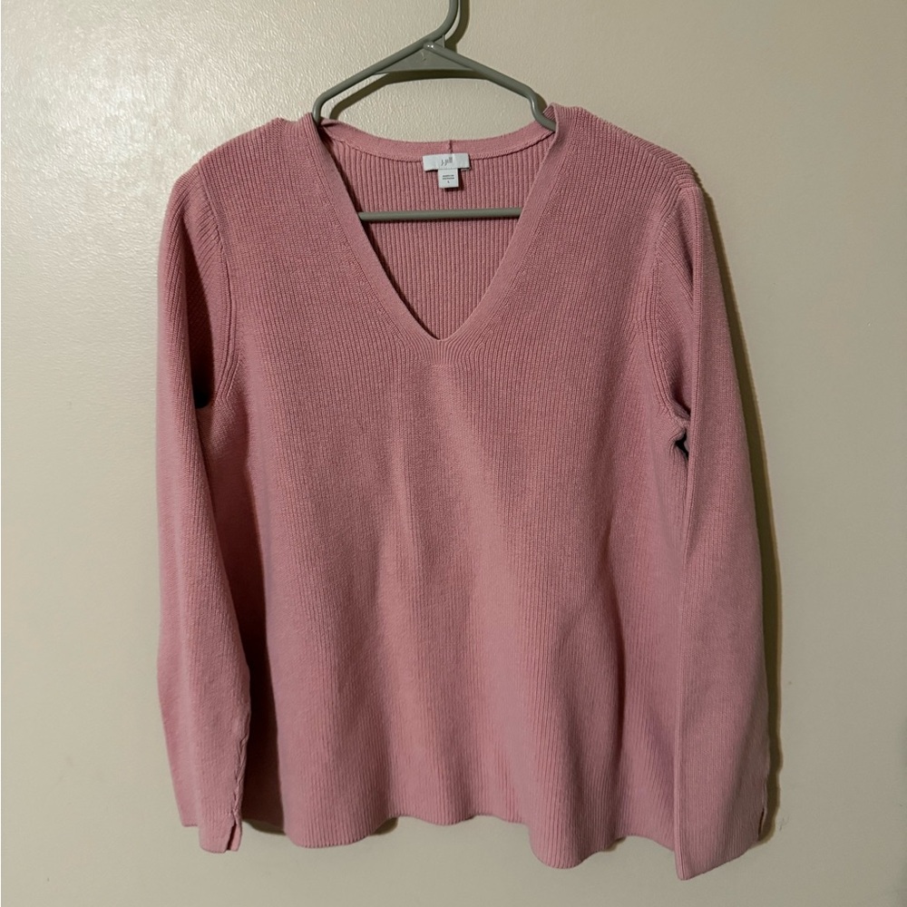 J.Jill V-neck long-sleeve ribbed knit pullover sweater in pink cotton blend Lg
